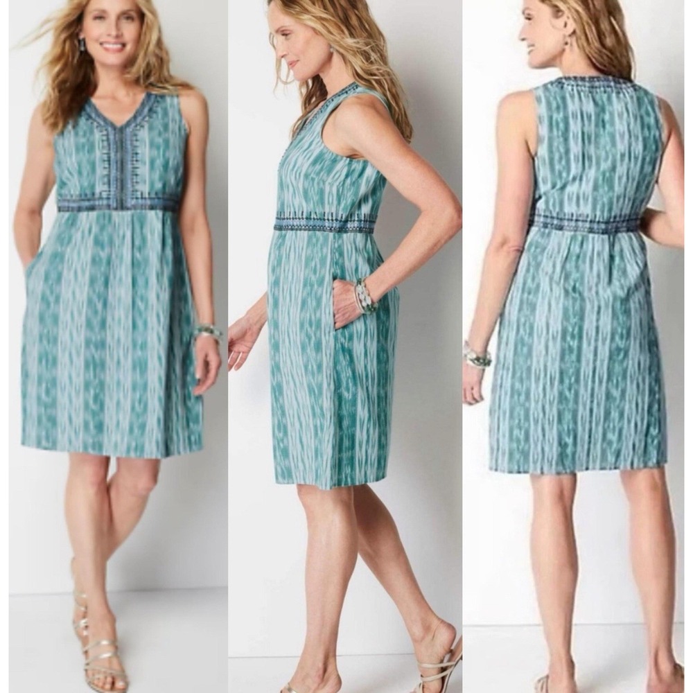 j jill Ikat Dress L Embroidered Green Blue Cotton Shift V Neck Southwest Pockets